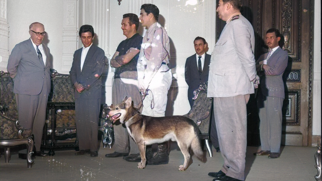 Governador Ildo Meneghetti com Carlos Miranda e o cão Lobo